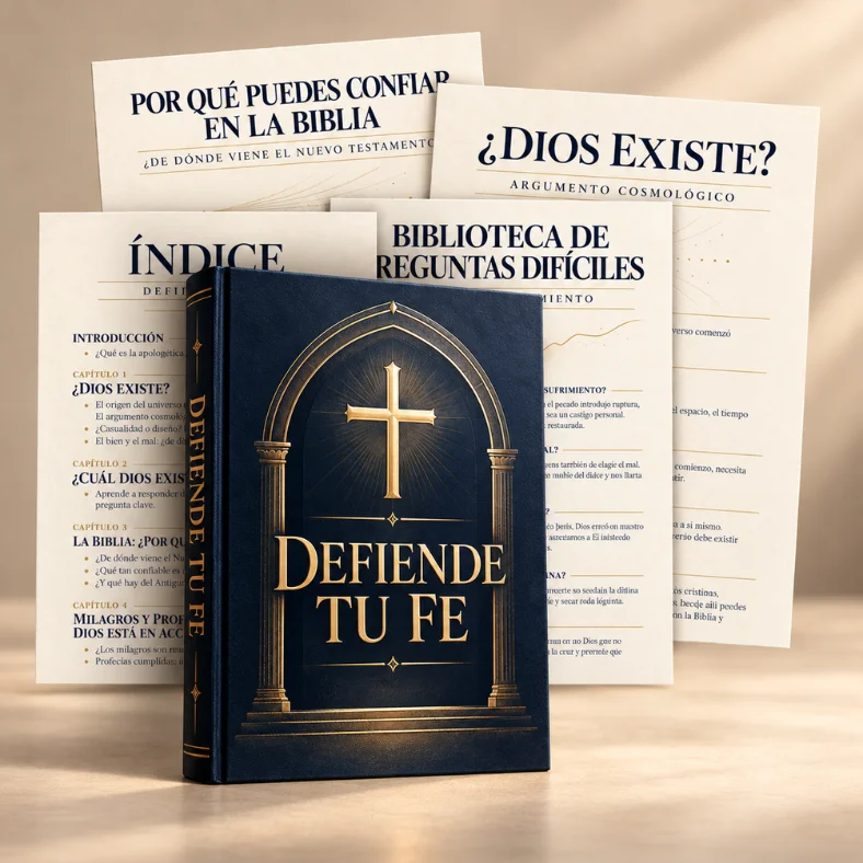 Defiende tu Fe: libro de cubierta azul oscuro y dorada, acompañado de hojas con argumentos y respuestas sobre Dios, la Biblia y la Fe.